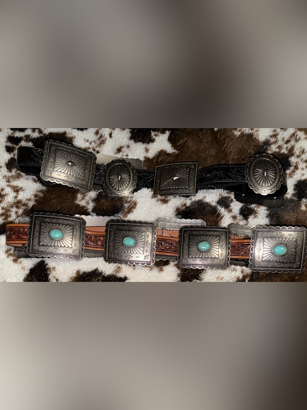 Ariat Brown and Black Leather Western Belt with Turquoise Conchos